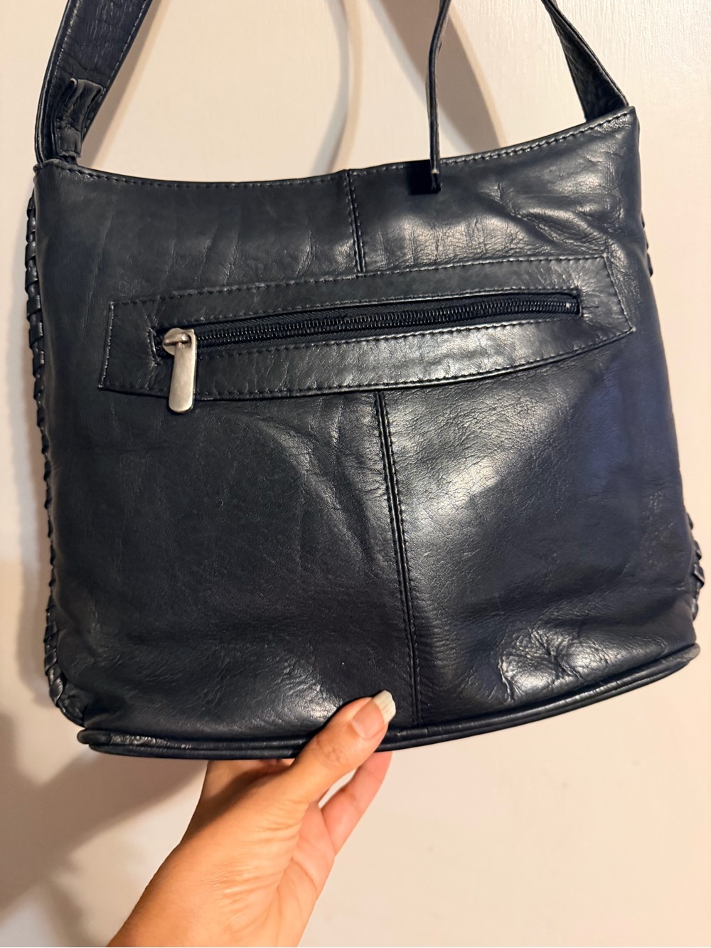 Vintage Black Genuine Leather Shoulder Bag Made in Colombia Braided Trim - Picture 6 of 15